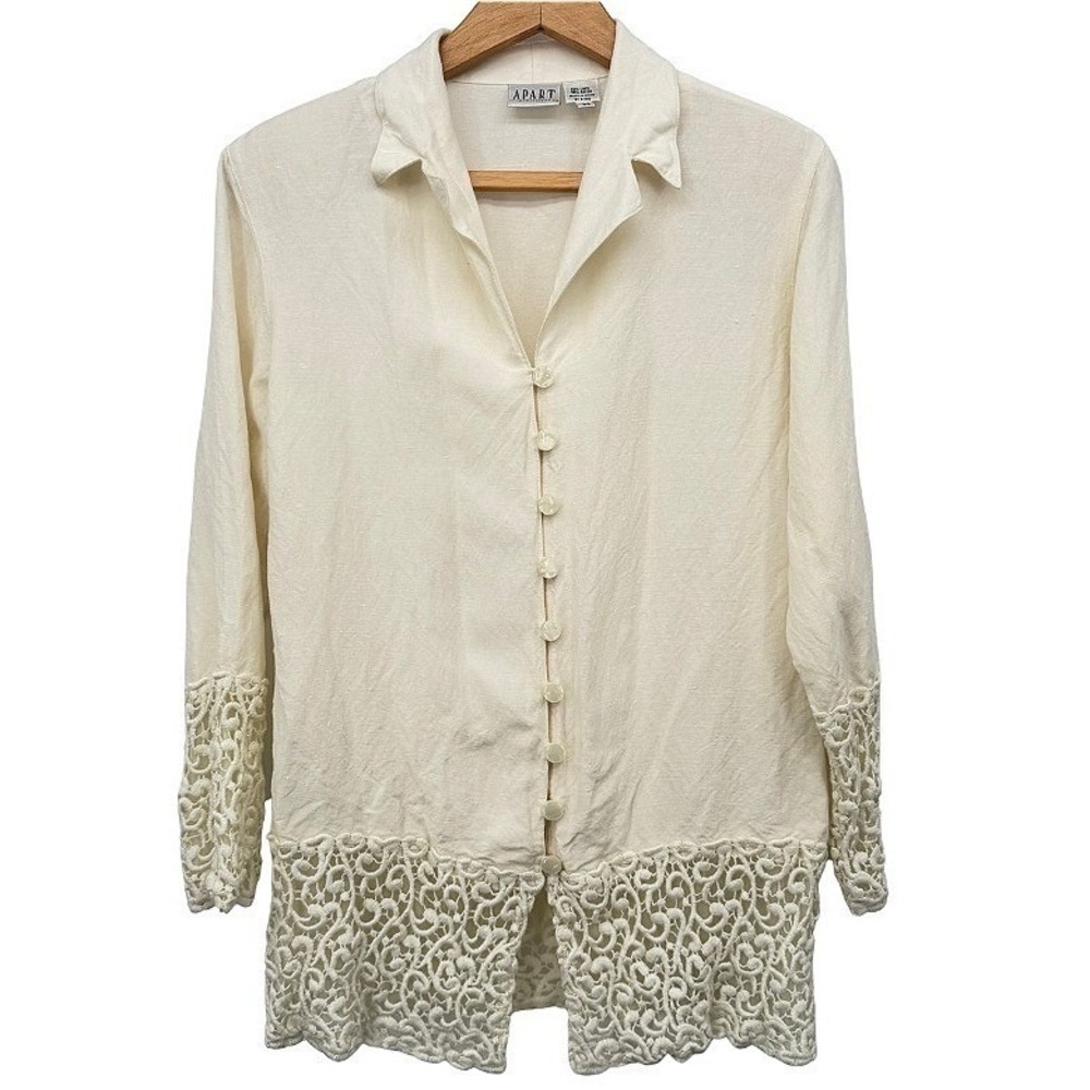 Apart Impressions Button Up Shirt Cream Linen Blend Crochet Lace Trim Sz MD